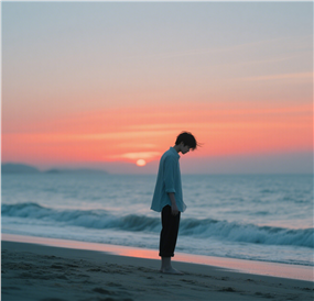 日暮黄昏海边少年摄影图片